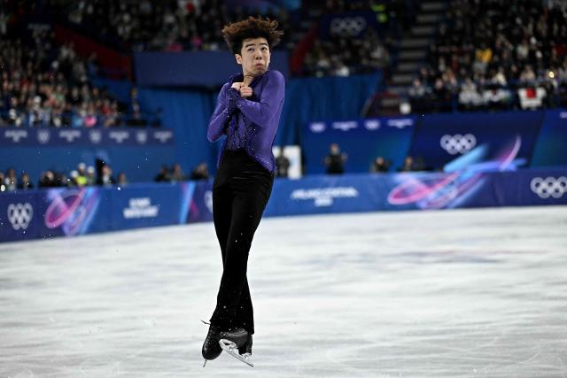 Japan's Shun Sato competes in the figure skating men's singles short program during the Milano Cortina 2026 Winter Olympic Games at Milano Ice Skating Arena in Milan on February 10, 2026. (Photo by Gabriel BOUYS / AFP)