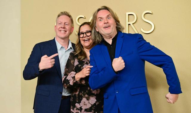 (L-R) US director Jared Bush, US actress Yvett Merino and US director Byron Howard attend the 98th Oscars Nominees Luncheon at the Beverly Hilton hotel in Beverly Hills, California on February 10, 2026. (Photo by Frederic J. Brown / AFP)