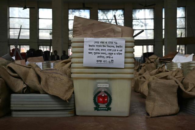 Ballot boxes are kept in a hall before bieng dispatched to polling stations in Dhaka on February 11, 2026 ahead of Bangladesh's general elections. (Photo by MOHD RASFAN / AFP)