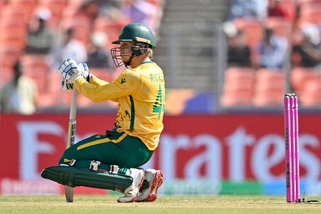 South Africa's Ryan Rickelton looks on during the 2026 ICC Men's T20 Cricket World Cup group stage match between Afghanistan and South Africa at the Narendra Modi Stadium in Ahmedabad on February 11, 2026. (Photo by Shammi MEHRA / AFP)