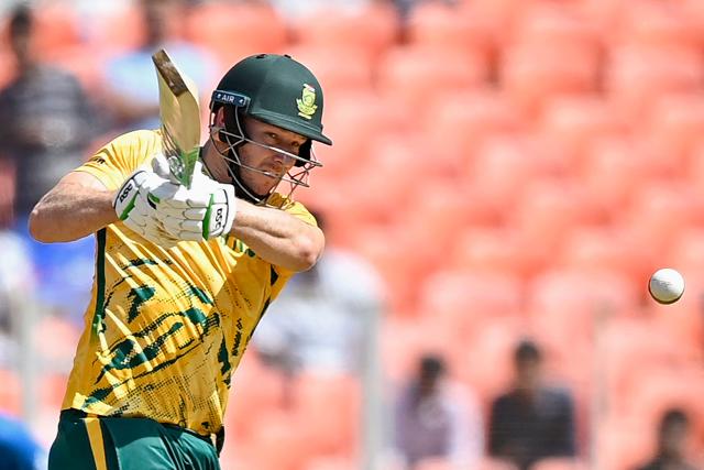 South Africa's David Miller plays a shot during the 2026 ICC Men's T20 Cricket World Cup group stage match between Afghanistan and South Africa at the Narendra Modi Stadium in Ahmedabad on February 11, 2026. (Photo by Shammi MEHRA / AFP)