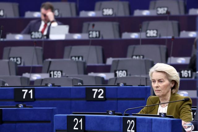 European Commission President Ursula von der Leyen attends a debate on the urgent action required to boost EU competitiveness, deepen the single market, and reduce the cost of living, at the European Parliament in Strasbourg, eastern France, on February 11, 2026. (Photo by FREDERICK FLORIN / AFP)