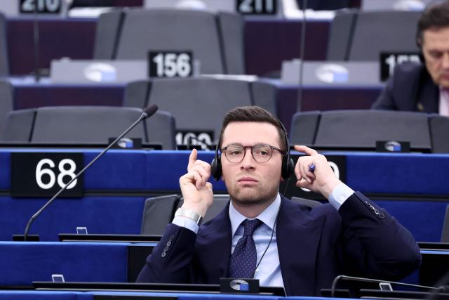 President of French far-right Rassemblement National (RN) party and Member of the European Parliament (MEP) Jordan Bardella attends a debate on the urgent action required to boost EU competitiveness, deepen the single market, and reduce the cost of living, at the European Parliament in Strasbourg, eastern France, on February 11, 2026. (Photo by FREDERICK FLORIN / AFP)