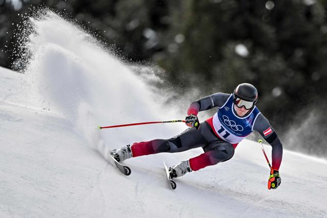 Austria's Stefan Babinsky competes in the men's super-G alpine skiing event during the Milano Cortina 2026 Winter Olympic Games at the Stelvio Ski Centre in Bormio (Valtellina) on February 11, 2026. (Photo by Fabrice COFFRINI / AFP)