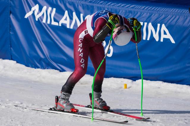 Canada's Cameron Alexander reacts in the finish area of the men's super-G alpine skiing event during the Milano Cortina 2026 Winter Olympic Games at the Stelvio Ski Centre in Bormio (Valtellina) on February 11, 2026. (Photo by Dimitar DILKOFF / AFP)