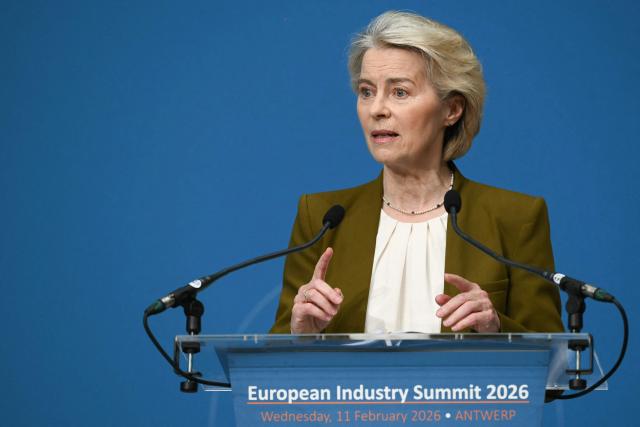 European Commission President Ursula von der Leyen delivers a speech during the European Industry Summit in Antwerp on February 11, 2026. (Photo by NICOLAS TUCAT / AFP)