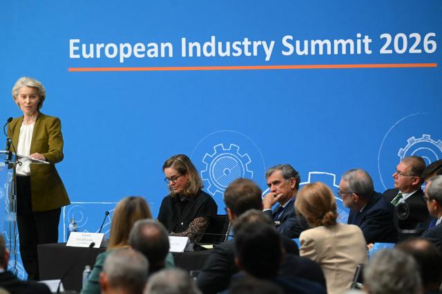 European Commission President Ursula von der Leyen delivers a speech during the European Industry Summit in Antwerp on February 11, 2026. (Photo by NICOLAS TUCAT / AFP)
