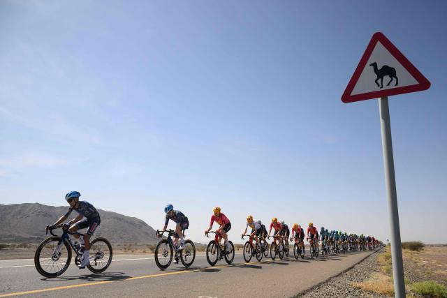 The pack rides during the 5th and last stage of the Tour of Oman cycling race from Nizwa to Green Mountain, on February 11, 2026. (Photo by Loic VENANCE / AFP)
