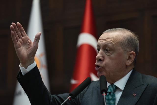 Turkish President and the leader of the Justice and Development Party (AKP) Recep Tayyip Erdogan gives a speech during his party's parliamentary group meeting at the Turkish Grand National Assembly in Ankara on February 11, 2025. (Photo by Adem ALTAN / AFP)