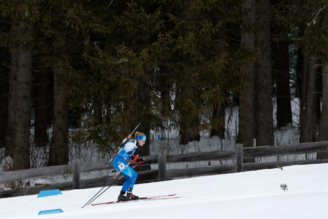 Denmark's Ukaleq Astri Slettemark skis in the women's biathlon 15km individual event during the Milano Cortina 2026 Winter Olympic Games at the Anterselva Biathlon Arena (Sudtirol Arena) in Anterselva (Val Pusteria) on February 11, 2026. (Photo by Odd ANDERSEN / AFP)
