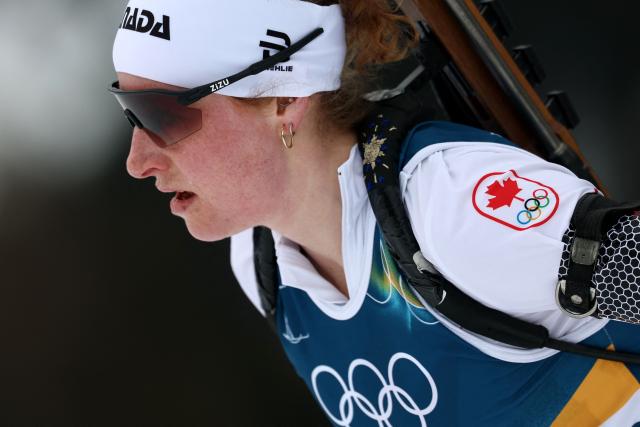 Canada's Shilo Rousseau competes in the women's biathlon 15km individual event during the Milano Cortina 2026 Winter Olympic Games at the Anterselva Biathlon Arena (Sudtirol Arena) in Anterselva (Val Pusteria) on February 11, 2026. (Photo by FRANCK FIFE / AFP)