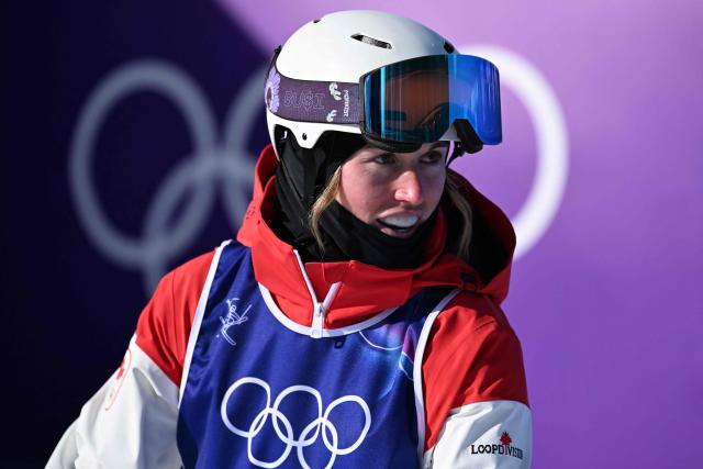 Canada's Laurianne Desmarais-Gilbert reacts in the freestyle skiing women's moguls final 1 during the Milano Cortina 2026 Winter Olympic Games at Livigno Aerials & Moguls Park, in Livigno (Valtellina), on February 11, 2026. (Photo by Kirill KUDRYAVTSEV / AFP)
