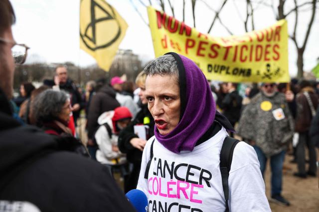 Fleur Breteau, spokesperson of the collective Cancer Colere speaks to the press during a demonstration for agriculture, the environment and health, against the Duplomb law, at the initiative of dozens of NGOs and farmers' organizations, in front of the National Assembly in Paris on February 11, 2026. Senator Laurent Duplomb's law, adopted by Parliament in early July, facilitates water storage and the expansion of livestock buildings. But another measure concentrated indignation: the conditional reintroduction of acetamiprid, a pesticide from the neonicotinoid family banned in France but authorized elsewhere in Europe and accused of being a "bee killer" by its critics. (Photo by Guillaume BAPTISTE / AFP)
