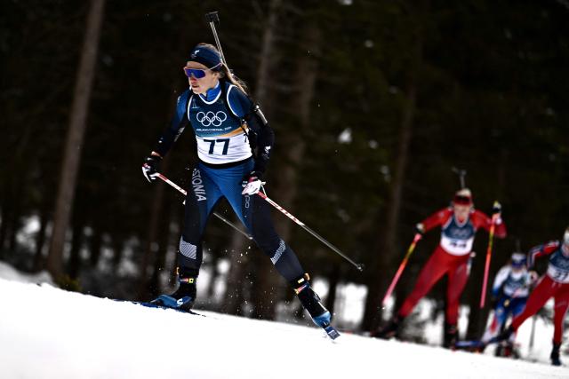 Estonia's Johanna Talihaerm skis in the women's biathlon 15km individual event during the Milano Cortina 2026 Winter Olympic Games at the Anterselva Biathlon Arena (Sudtirol Arena) in Anterselva (Val Pusteria) on February 11, 2026. (Photo by Marco BERTORELLO / AFP)