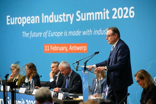 Belgian Prime Minister Bart De Wever gives closing remarks during the European Industry Summit in Antwerp on February 11, 2026. (Photo by NICOLAS TUCAT / AFP)