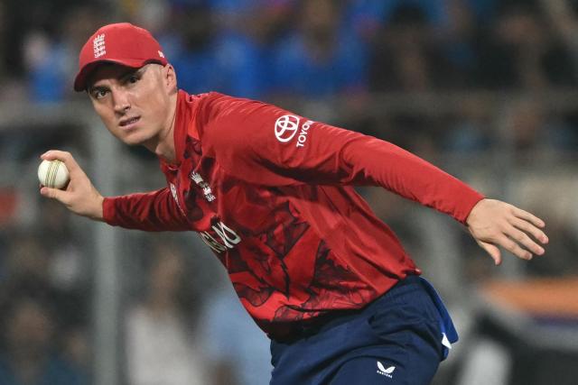 England's captain Harry Brook throws a ball during the 2026 ICC Men's T20 Cricket World Cup group stage match between England and West Indies at the Wankhede Stadium in Mumbai on February 11, 2026. (Photo by Indranil MUKHERJEE / AFP)