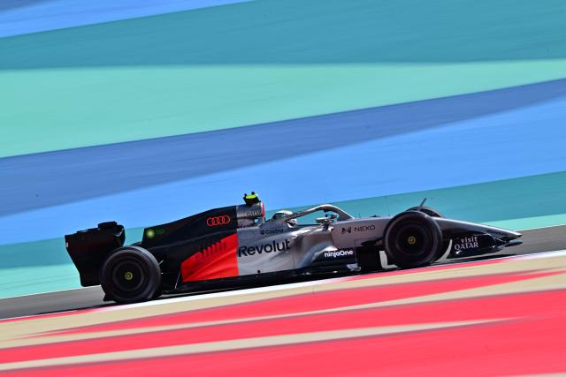 Audi's Brazilian driver Gabriel Bortoleto drives on the first day of the Formula One pre-season testing at the Bahrain International Circuit in Sakhir on February 11, 2026. (Photo by Giuseppe CACACE / AFP)
