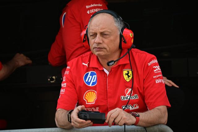 Ferrari's French team principal Frederic Vasseur looks on during the first day of the Formula One pre-season testing at the Bahrain International Circuit in Sakhir on February 11, 2026. (Photo by Giuseppe CACACE / AFP)