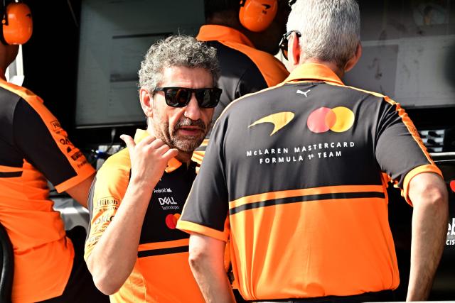 McLaren's Italian team principal Andrea Stella reacts during the first day of the Formula One pre-season testing at the Bahrain International Circuit in Sakhir on February 11, 2026. (Photo by Giuseppe CACACE / AFP)