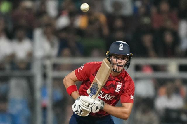 England's Jacob Bethell watches the ball after playing a shot during the 2026 ICC Men's T20 Cricket World Cup group stage match between England and West Indies at the Wankhede Stadium in Mumbai on February 11, 2026. (Photo by Indranil MUKHERJEE / AFP)