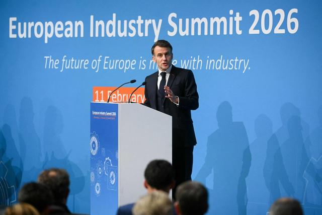 France's President Emmanuel Macron delivers a speech during the European Industry Summit in Antwerp on February 11, 2026. (Photo by NICOLAS TUCAT / AFP)