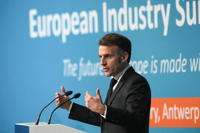France's President Emmanuel Macron delivers a speech during the European Industry Summit in Antwerp on February 11, 2026. (Photo by NICOLAS TUCAT / AFP)