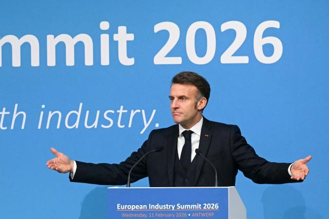 France's President Emmanuel Macron delivers a speech during the European Industry Summit in Antwerp on February 11, 2026. (Photo by NICOLAS TUCAT / AFP)
