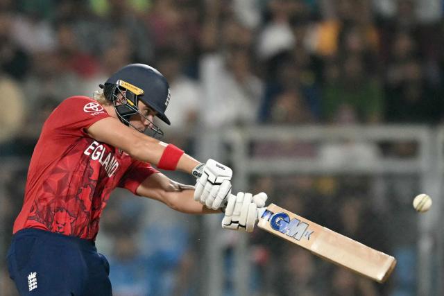 England's Jacob Bethell plays a shot during the 2026 ICC Men's T20 Cricket World Cup group stage match between England and West Indies at the Wankhede Stadium in Mumbai on February 11, 2026. (Photo by Indranil MUKHERJEE / AFP)