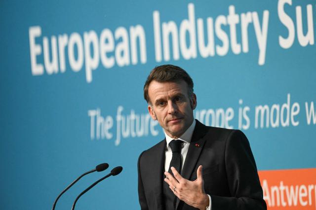 France's President Emmanuel Macron delivers a speech during the European Industry Summit in Antwerp on February 11, 2026. (Photo by NICOLAS TUCAT / AFP)