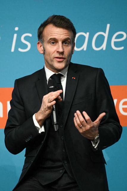 France's President Emmanuel Macron delivers a speech during the European Industry Summit in Antwerp on February 11, 2026. (Photo by NICOLAS TUCAT / AFP)