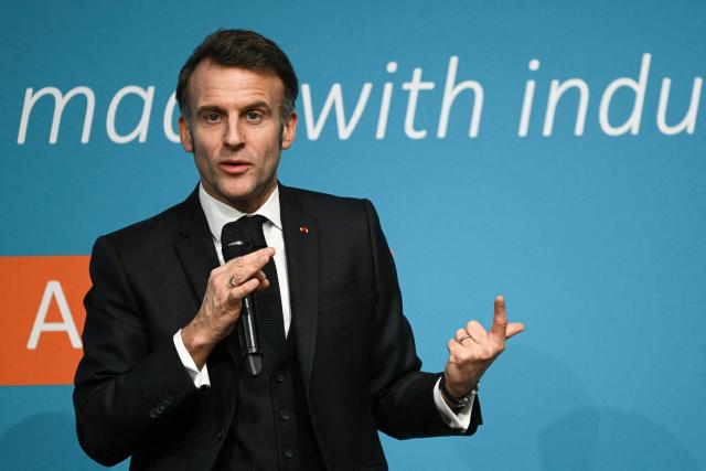 France's President Emmanuel Macron delivers a speech during the European Industry Summit in Antwerp on February 11, 2026. (Photo by NICOLAS TUCAT / AFP)