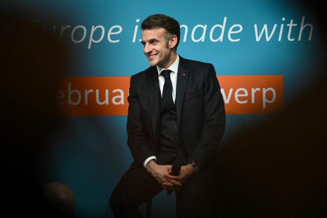 France's President Emmanuel Macron delivers a speech during the European Industry Summit in Antwerp on February 11, 2026. (Photo by NICOLAS TUCAT / AFP)