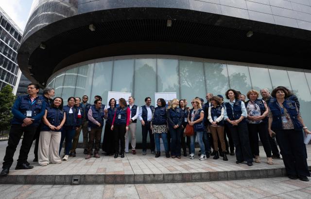 Deputy Chief of the EU Election Observation Mission to Colombia 2026, Jose Antonio de Gabriel (C), and other members of the mission attend a press conference in Bogota on February 11, 2026. Colombia's presidential election is scheduled for May 31, 2026. (Photo by Diana SANCHEZ / AFP)