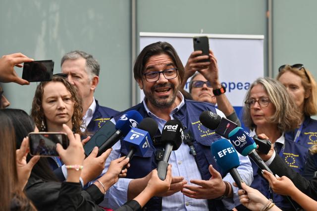 Deputy Chief of the EU Election Observation Mission to Colombia 2026, Jose Antonio de Gabriel, speaks during a press conference in Bogota on February 11, 2026. Colombia's presidential election is scheduled for May 31, 2026. (Photo by Diana SANCHEZ / AFP)