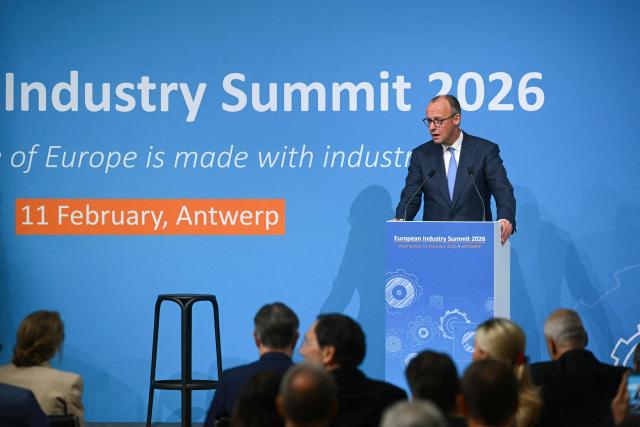 Germany's Chancellor Friedrich Merz addresses the audience during the European Industry Summit in Antwerp on February 11, 2026. (Photo by NICOLAS TUCAT / AFP)
