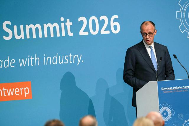 Germany's Chancellor Friedrich Merz addresses the audience during the European Industry Summit in Antwerp on February 11, 2026. (Photo by NICOLAS TUCAT / AFP)