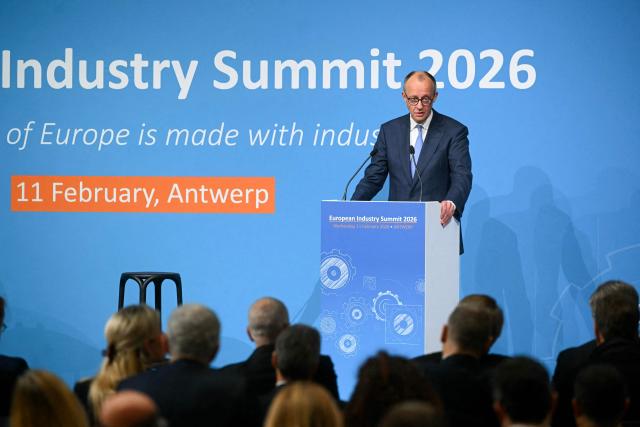 Germany's Chancellor Friedrich Merz addresses the audience during the European Industry Summit in Antwerp on February 11, 2026. (Photo by NICOLAS TUCAT / AFP)