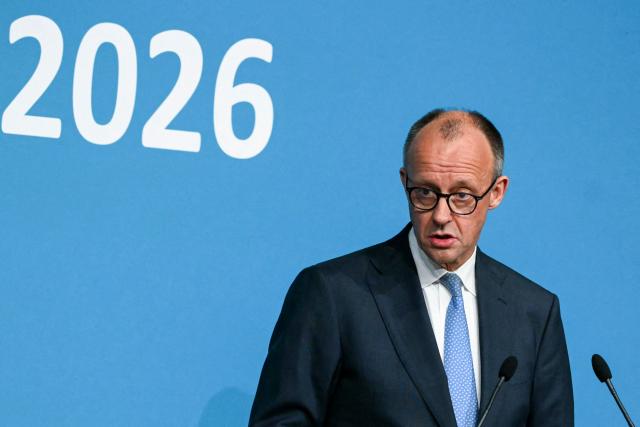 Germany's Chancellor Friedrich Merz addresses the audience during the European Industry Summit in Antwerp on February 11, 2026. (Photo by NICOLAS TUCAT / AFP)