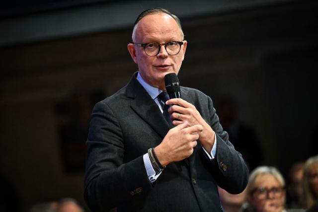 President of the centrist Horizons party, former prime minister, mayor of Le Havre and candidate for re-election in France's upcoming municipal elections, Edouard Philippe presents his electoral list during a campaign meeting in Le Havre, northwestern France on February 12, 2026. (Photo by Lou BENOIST / AFP)