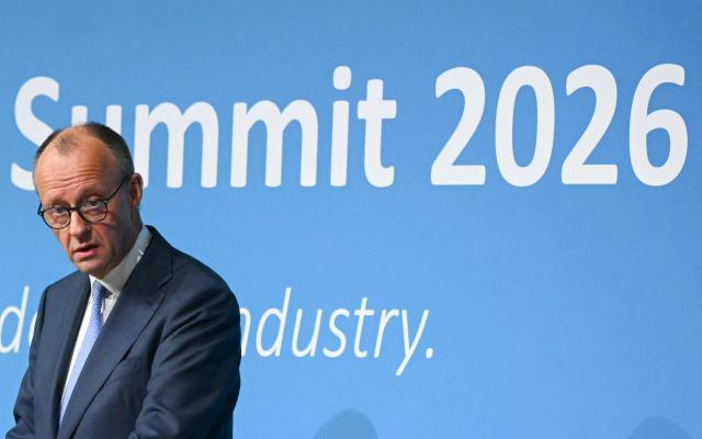 Germany's Chancellor Friedrich Merz addresses the audience during the European Industry Summit in Antwerp on February 11, 2026. (Photo by NICOLAS TUCAT / AFP)