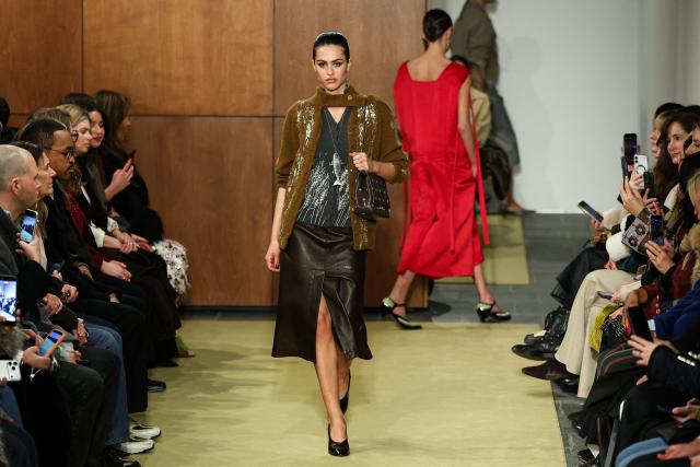 US model Amelia Gray Hamlin walks the runway during the Tory Burch Fall 2026 Collection fashion show in New York, on February 11, 2026. (Photo by CHARLY TRIBALLEAU / AFP)