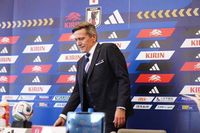 Japan women's national football team head coach Nils Nielsen arrives for a press conference to announce AFC Women’s Asian Cup squad in Tokyo on February 12, 2026. (Photo by Kazuhiro NOGI / AFP)
