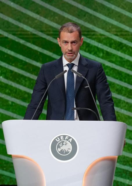 UEFA president Aleksander Ceferin addresses the 50th UEFA Ordinary Congress in Brussels on February 12, 2026. (Photo by Pau BARRENA / AFP)