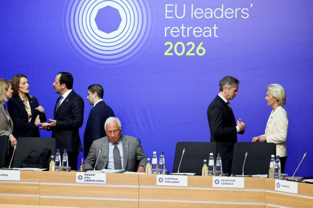 European Council President Antonio Costa (C) takes part in the Informal EU Leaders' Retreat at the Alden Biesen Castle in Alden Biesen, central Belgium on February 12, 2026. (Photo by Ludovic MARIN / AFP)