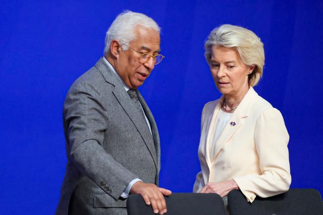 European Council President Antonio Costa (L) speaks with  European Commission President Ursula von der Leyen during the Informal EU Leaders Retreat at the Alden Biesen Castle, central Belgium on February 12, 2026. (Photo by Ludovic MARIN / AFP)