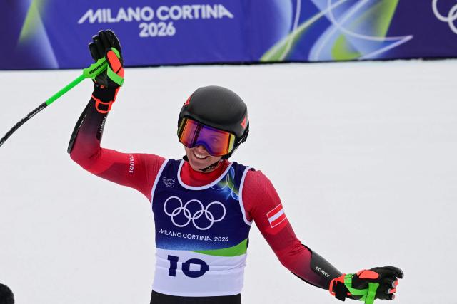 Austria's Cornelia Huetter reacts in the finish area of the women's super-G event during the Milano Cortina 2026 Winter Olympic Games at the Tofane Alpine Skiing Centre in Cortina d’Ampezzo on February 12, 2026. (Photo by Stefano RELLANDINI / AFP)