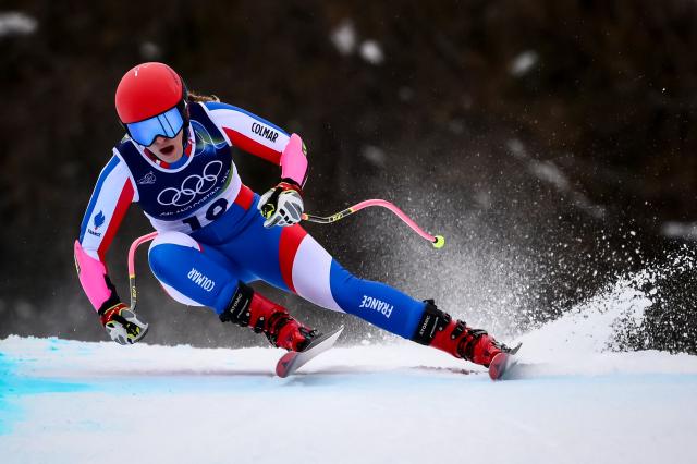 France's Camille Cerutti competes in the women's super-G event during the Milano Cortina 2026 Winter Olympic Games at the Tofane Alpine Skiing Centre in Cortina d’Ampezzo on February 12, 2026. (Photo by Marco BERTORELLO / AFP)