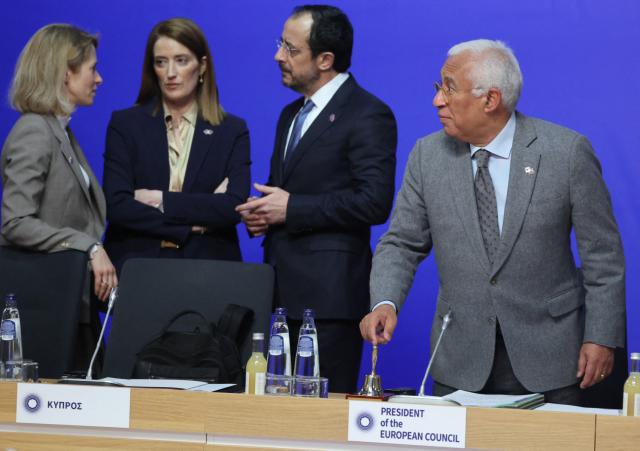 European Council President Antonio Costa (R) looks on during the Informal EU Leaders' Retreat at the Alden Biesen Castle in Alden Biesen, central Belgium on February 12, 2026. (Photo by Ludovic MARIN / AFP)