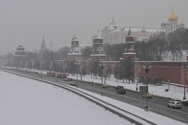 A general view of the Kremlin during a snowy day in central Moscow on February 12, 2026. (Photo by Hector RETAMAL / AFP)