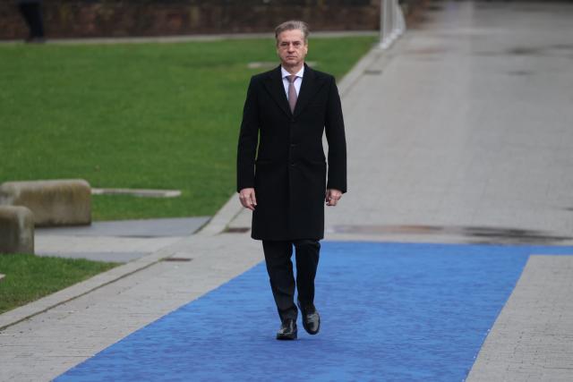 Slovenia's Prime Minister Robert Golob arrives to take part in the Informal EU Leaders' Retreat at the Alden Biesen Castle in Alden Biesen, central Belgium on February 12, 2026. (Photo by Ludovic MARIN / AFP)